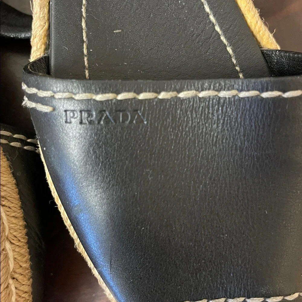 Prada Vitello Montana Logo Espadrille Sandals in Black.Sz 6.5. Stylish & Comfy - Picture 3 of 7